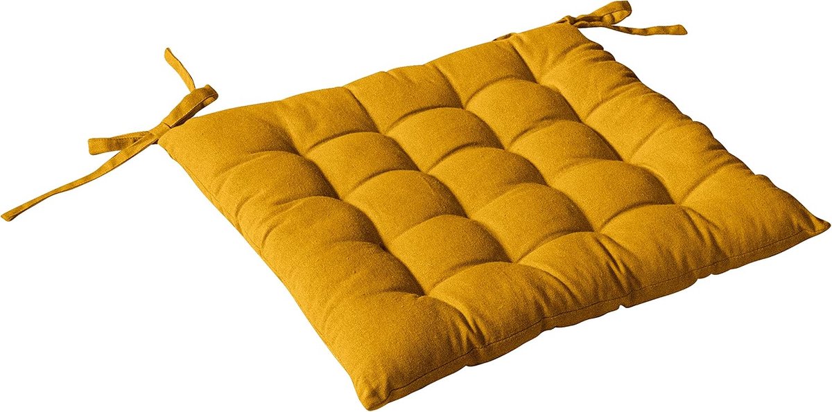 Home, Piqué stoelkussen, mosterdgeel, vierkant, 38 x 38 cm, 100% katoen, bevestiging met strikken, ideaal voor een comfortabele zitting, collectie Panama