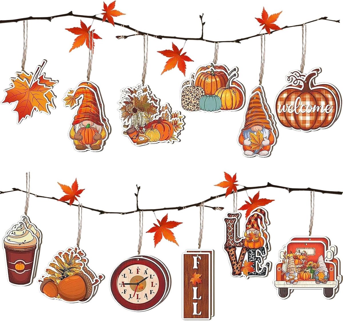 24 stuks herfstdecoratie om op te hangen, houten decoratie, hangers, herfstdecoratie met koord, pompoen, esdoornblad, dwergen, kabouters, decoratie om op te hangen, voor Thanksgiving