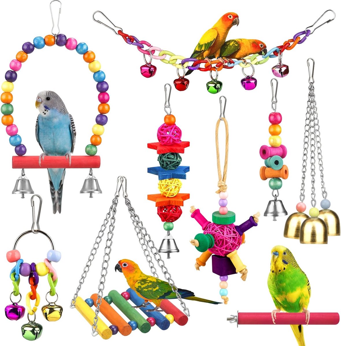 Vogelspeelgoed voor Conures met Kleurrijke Ladder Hangmat Kooi Accerious Bird Baars Stand Kauwspeelgoed Opknoping Bell Papegaai Parkiet Valkparkiet Lovebirds