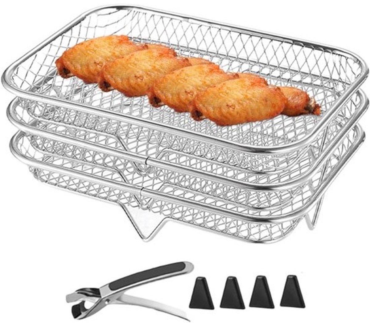 Airfryer Accessoires - Bakpan Mand - Extra Kookruimte - Stapelbaar Ontwerp - Set van 3 - Zilver