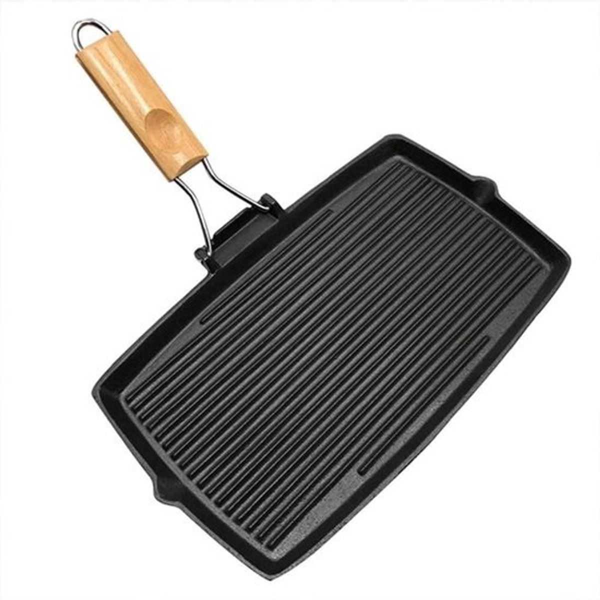 Grillpan Rechthoekig - Gietijzeren Koekenpan - Buiten Koken - Met Uitvouwbaar Handvat - 33.5x20.5 cm - Zwart