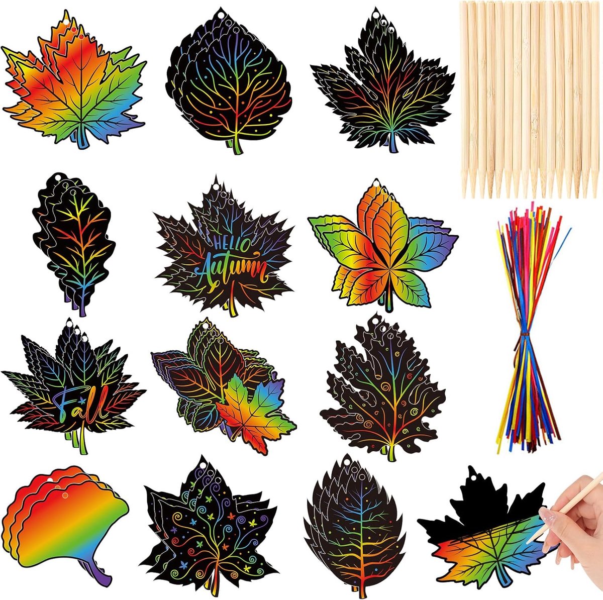 Dailygoods- Scratch Art 36-delige Set - Herfst Bladeren - Creatief