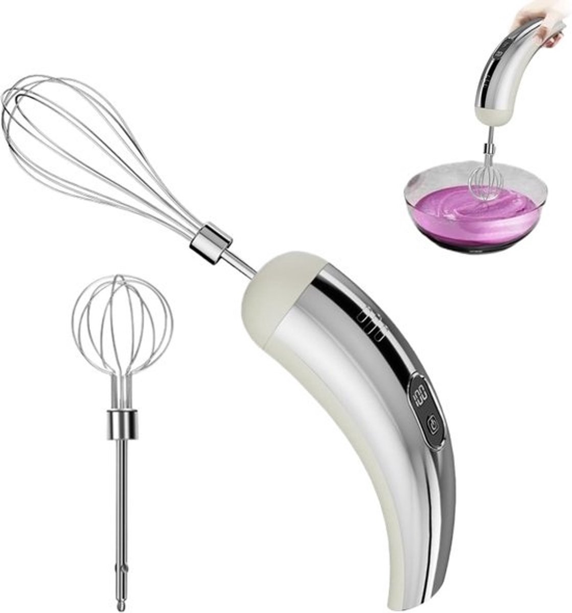 Elektrische Handmixer - Draadloze Klopper Keukenhulp - Koken Bakken Mixen - 5 Instelbare Snelheden - 18x5.5 cm - Zilver Wit