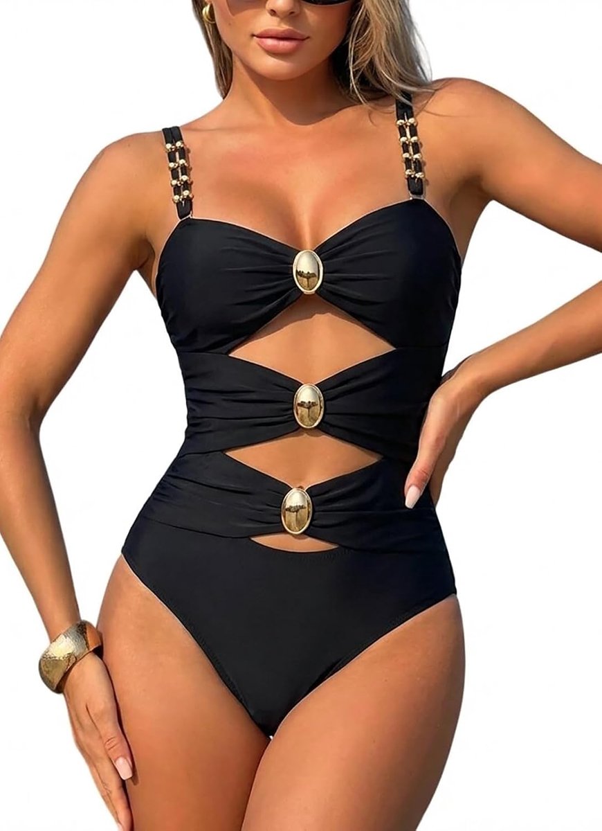 Badpak voor dames, uitgesneden dubbele bandjes, eendelig badpak met cups, sexy V-hals, badmode, push-up, monokini