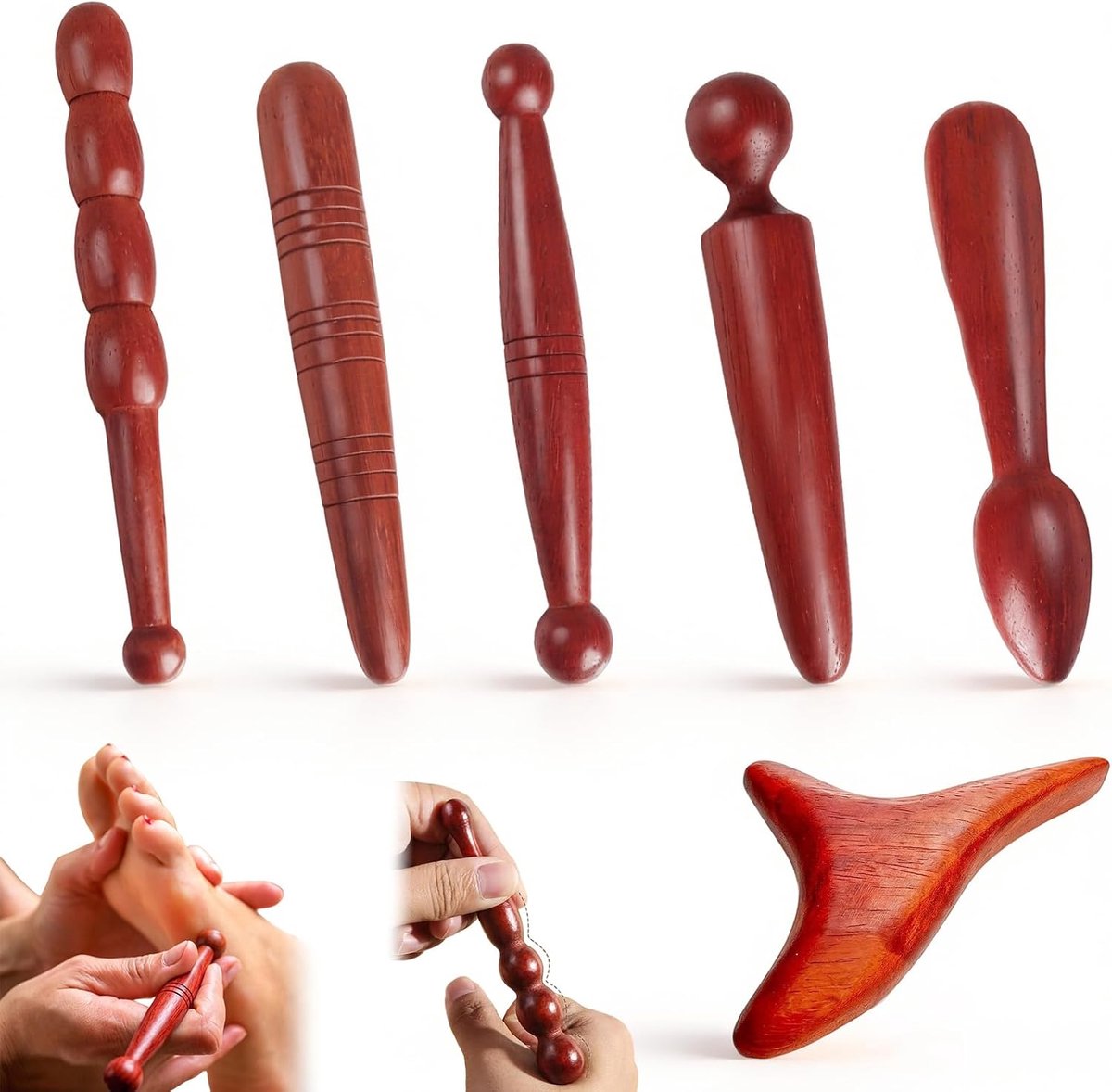 6 stuks massage hout triggerpunt, massagestaaf, compacte massagestokjes, natuurlijk hout, acupressuurstift, massagehout set voor ontspanning voeten, nek, schouders en benen