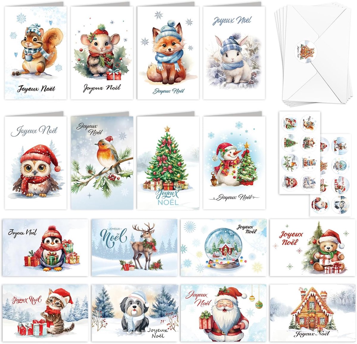 Dailygoods- Kerstkaarten 16 Stuks - Winterdieren - Aquarel - Zelfklevende Enveloppen - Vrolijk Kerstfeest - Wenskaarten