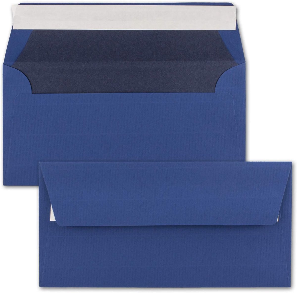 50 x enveloppen DIN lang 11 x 22 cm geribbeld in donkerblauw gevoerd met blauw zijdepapier 110 g/m² zelfklevend