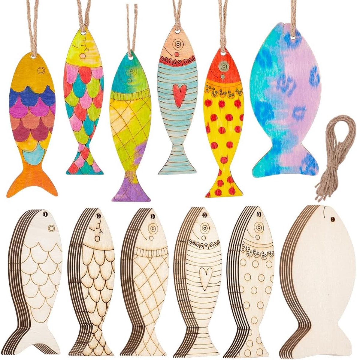 Dailygoods- Houten Ornament Decoratie - 36 Stuks - Onbehandeld Hout - Visvormige Hangers - Jute Koord - Knutselbenodigdheden