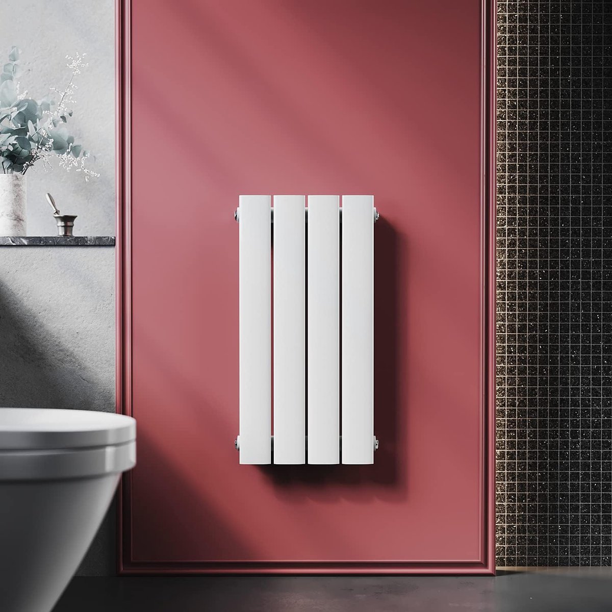 Platte radiator, 600 x 311 mm, wit, klein, verticaal, badkamerverwarming, eenlaags design met middenaansluiting