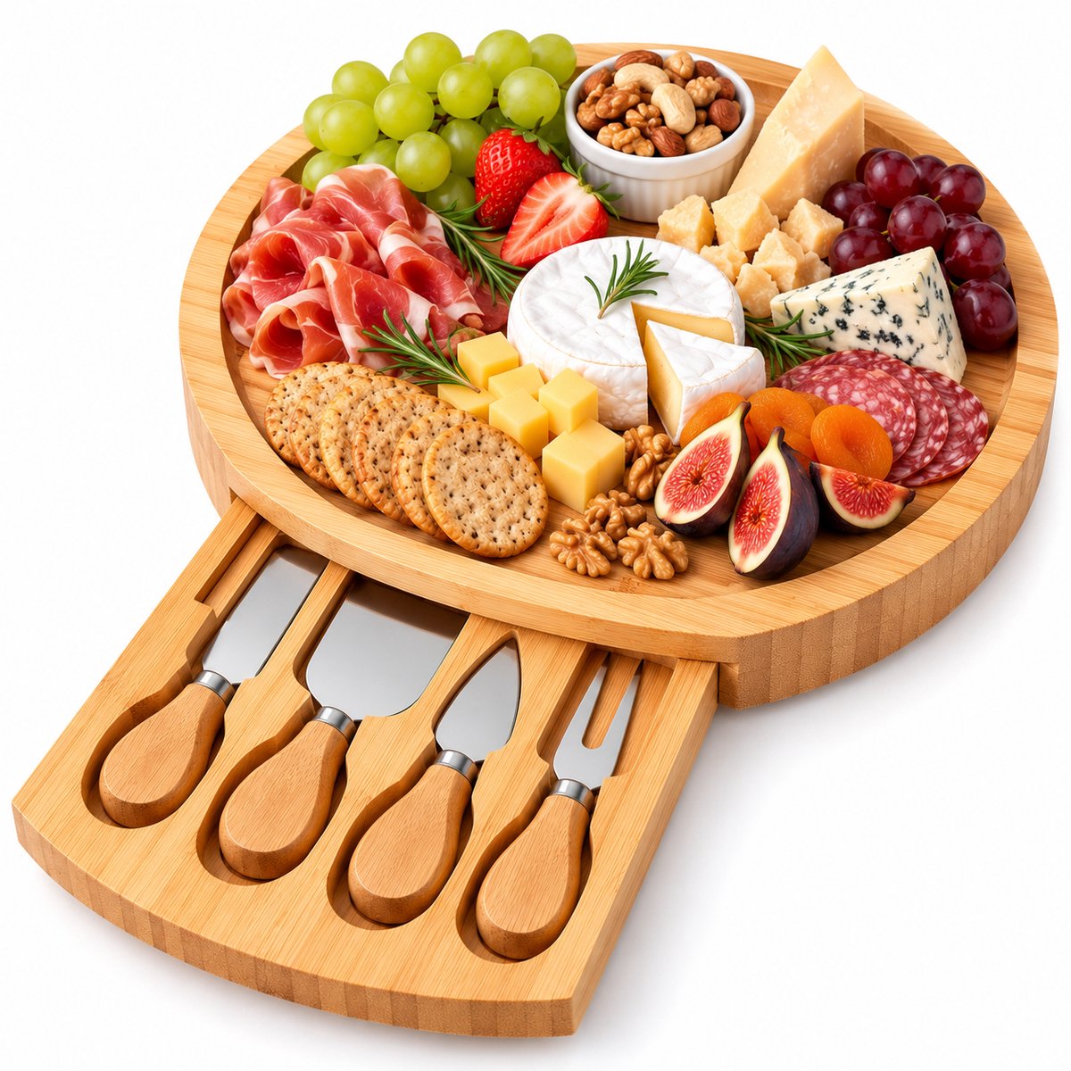 Nina’s Giftshop® Borrelplank 36 cm – Kaasplank – Tapasplank – Serveerplank – Bamboe – Inclusief Kaasmesjes – Hapjesplank – Cadeau voor Man & Vrouw