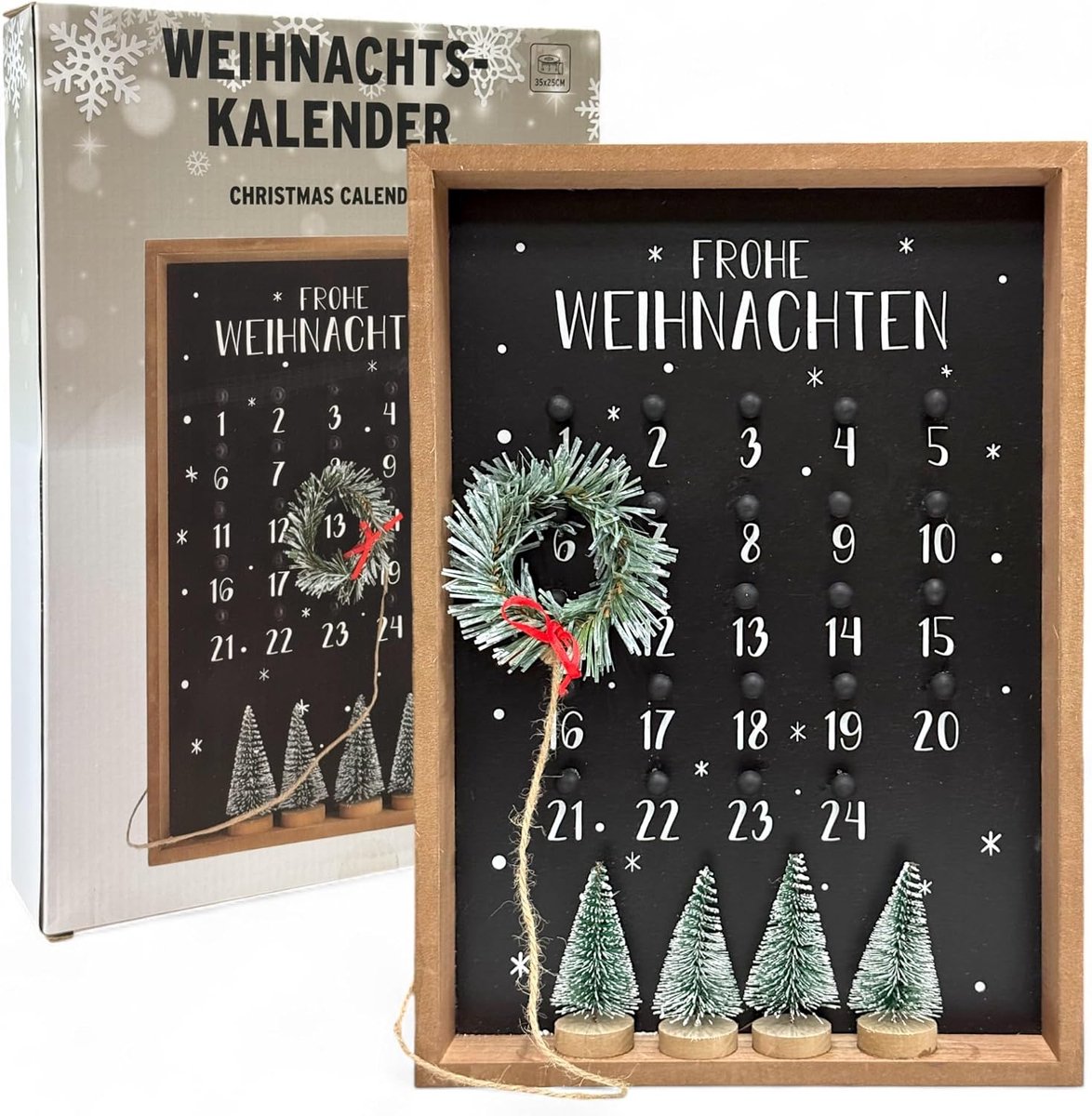 Dailygoods- Adventskalender 2025 - Aftelkalender met Krans - Houten Lijst - Herbruikbaar - 25 x 35 x 4 cm - Duurzaam MDF-hout