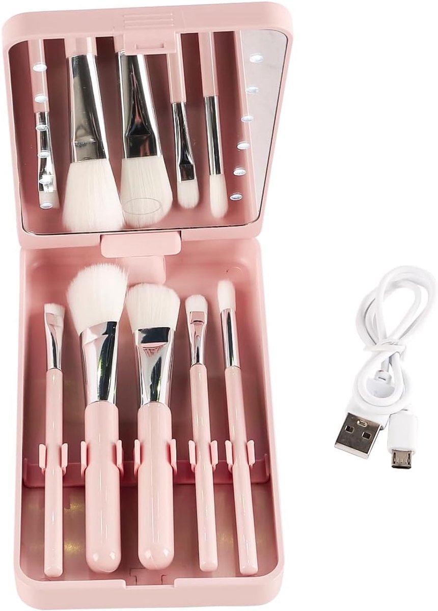 Dailygoods - Draagbare make-upspiegel - Opvouwbaar en USB-oplaadbaar - Roze - Inclusief 5 make-upborstels - Perfect voor thuis en onderweg