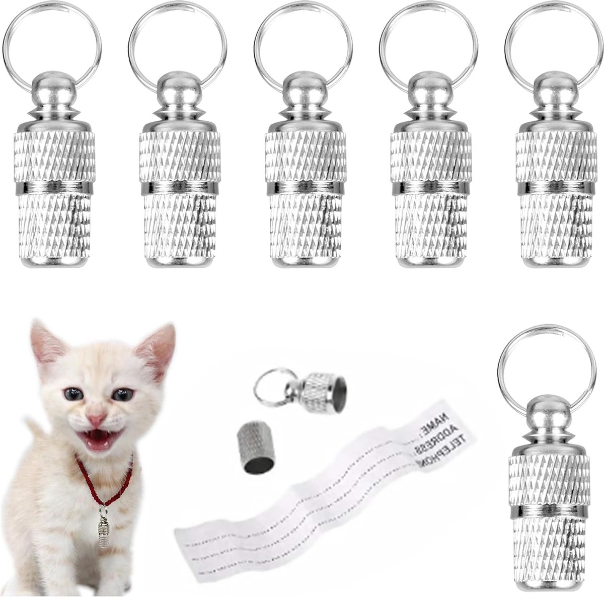 ID Tube Tag Vat 6 Stks Rvs Anti Verloren Hond Kat ID Tag Adres Naam Label voor Kat Hond Puppy Kraag