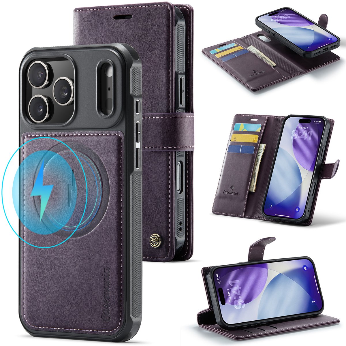 Casemania Hoesje Geschikt voor Apple iPhone 18 Pro Max - Dark Purple - Geschikt voor MagSafe - Luxe Kunstleer 2 in 1 Afneembare Bookcase - Magnetische Telefoonhoesje met Pasjeshouder en Standaardfunctie