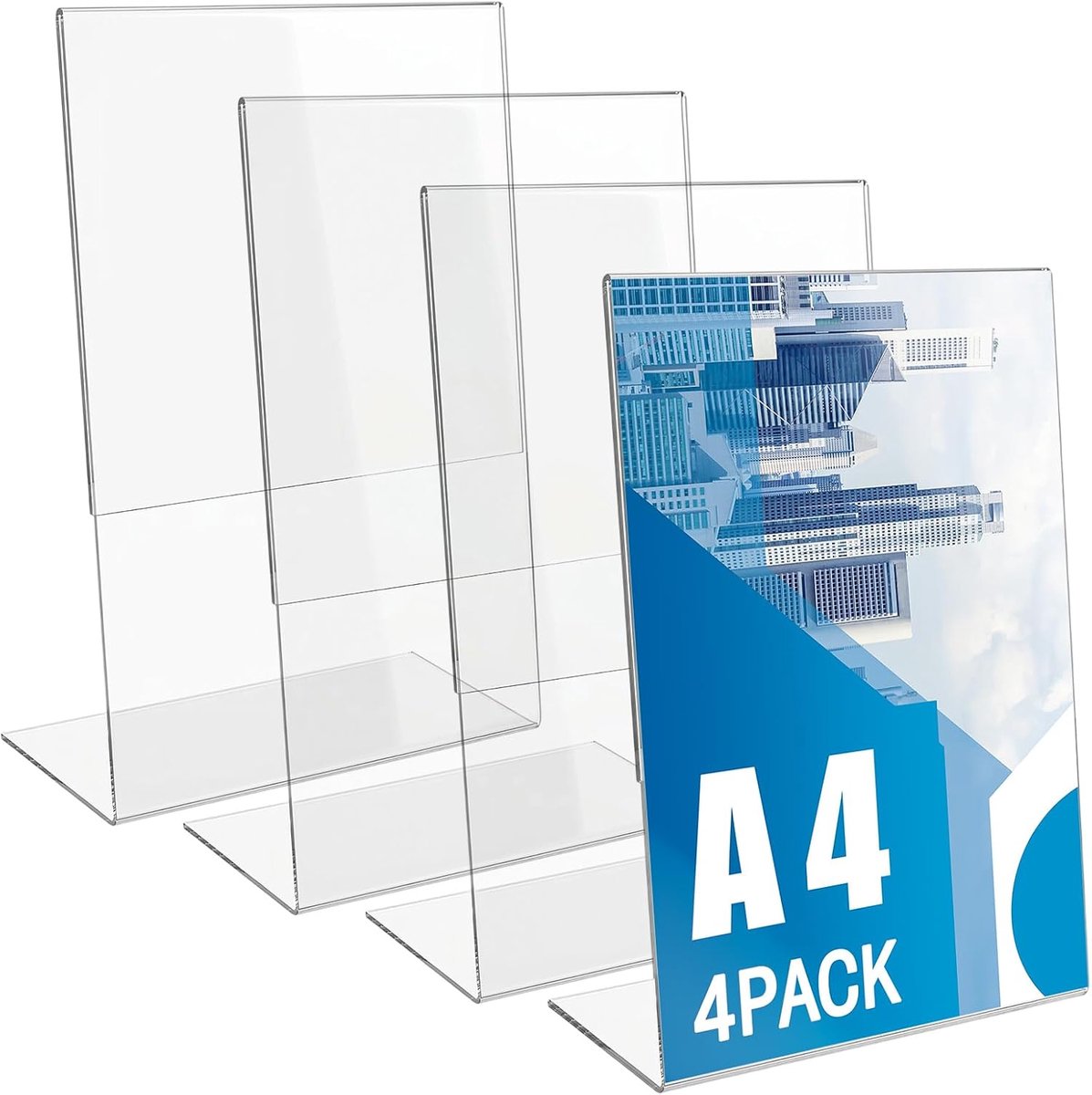 4 stuks A4-standaard, glasheldere L-standaard, portretformaat, acryl tafelstandaard, bordhouder, reclamestandaard voor menukaarten, notitieborden, kantoor, restaurant, winkel, hotel