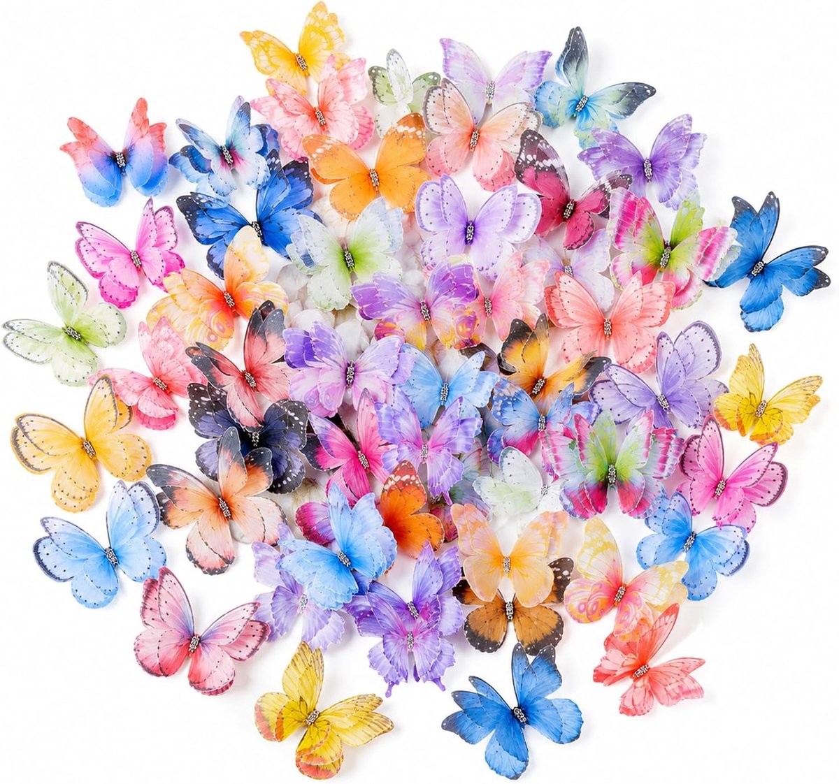 100 stuks 3D-mini-vlinders, decoratie met strassteentjes, 50 soorten organza stof, vlinder, meerkleurig, vlinderdecoratie, voor haarspeld, decoratie, doe-het-zelf knutselprojecten, muur