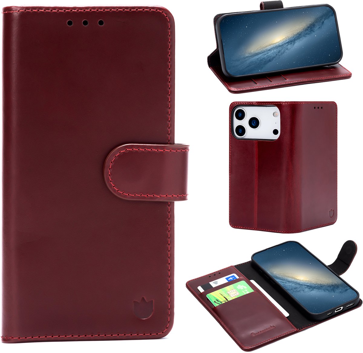Casemania Echt Leren Hoesje Geschikt voor Apple iPhone 18 Pro Max - Burgundy Red - Leer Book Cover - Portemonnee Telefoonhoesje met Pasjeshouder