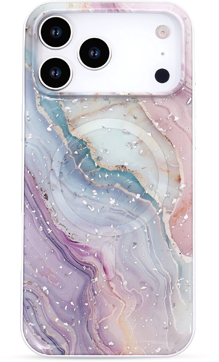 Casemania Hoesje Geschikt voor Apple iPhone 18 Pro Max - Roze - Marmer Glitter Magnetisch Back Cover - Geschikt voor MagSafe
