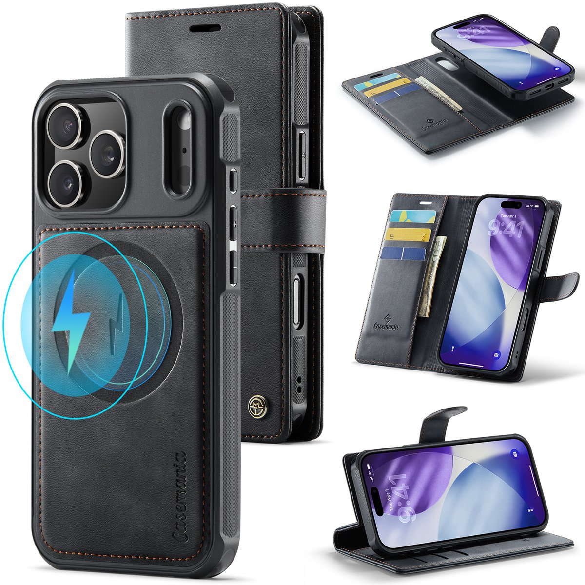 Casemania Hoesje Geschikt voor Apple iPhone 18 Pro - Charcoal Gray - Geschikt voor MagSafe - Luxe Kunstleer 2 in 1 Afneembare Bookcase - Magnetische Telefoonhoesje met Pasjeshouder en Standaardfunctie