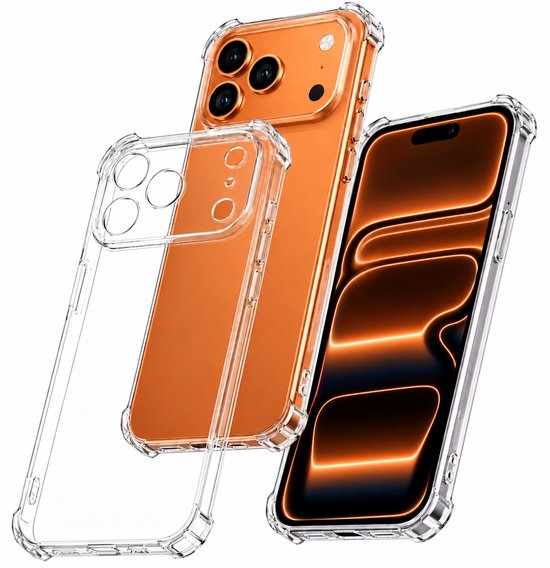 Transparante hoes met een oranje iPhone, losse hoes ernaast en iPhone met scherm.