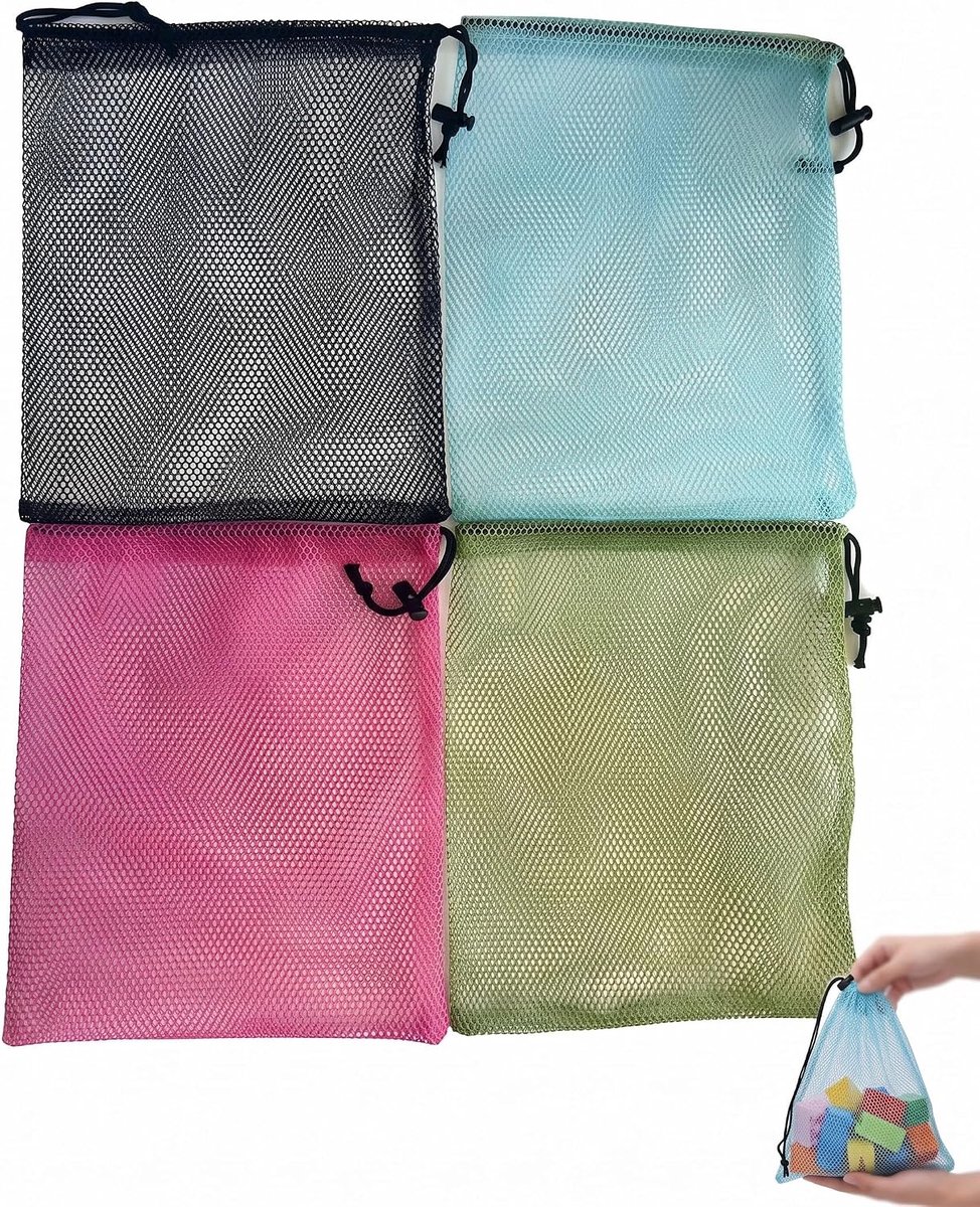 4 netzakken met trekkoord, 35 x 40 cm, ademende opbergtassen, meerkleurig (zwart blauw fuchsia groen) voor speelgoed voor strand, zee, zwemmen, sport en organisatie reizen