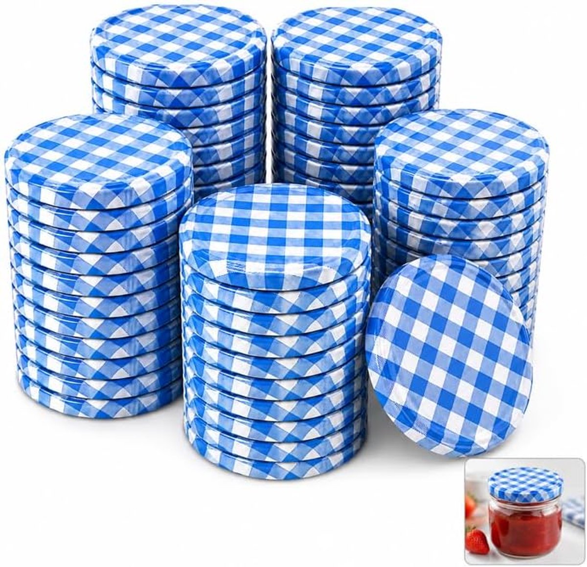 Deksels 50 stuks, deksel voor potten TO 82 blauw-wit geruit, 82 mm, reservedeksel voor inmaakpotten van 230, 350, 435, 540, 565 ml, inmaakpotten, inmaakpotten, jampotten, inmaakpotten