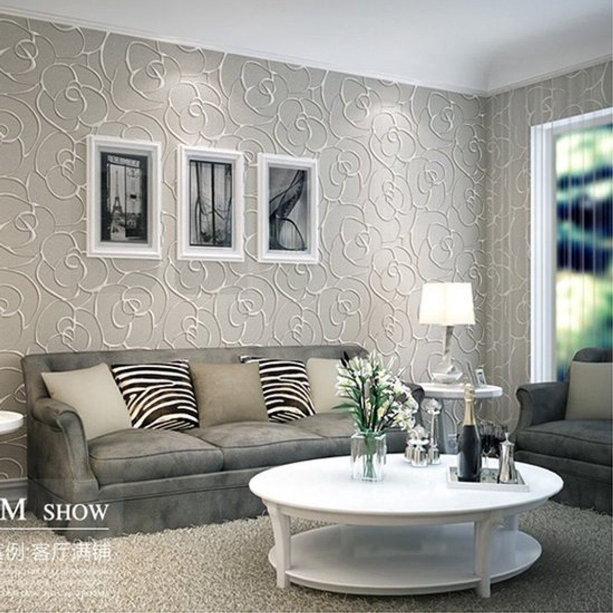 Moderne 3D roos muurdecoratie - minimalistische stijl - crème en grijs - 10 m²