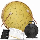 Gouden steel tongue drum met twee drumstokken, handleiding, bladmuziek, beschermtas en accessoires.