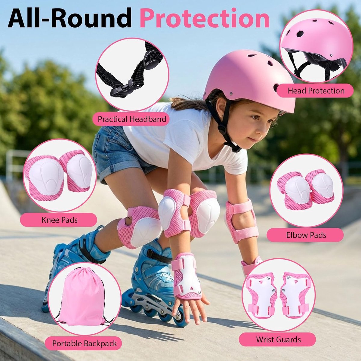 Kniebeschermers voor kinderen, 3-10 jaar, set met helm, beschermingsset voor kinderen met pols, ellebogen, kniebeschermers, rugzak en hoofdband, inline beschermingsuitrusting voor skateboard
