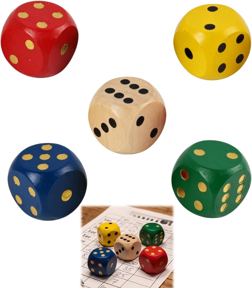 5 x dobbelstenen, 30 mm, van hout, gekleurde dobbelstenen, rood, blauw, groen, geel, gouden of zwarte stippen, voor bordspellen, kaartspellen