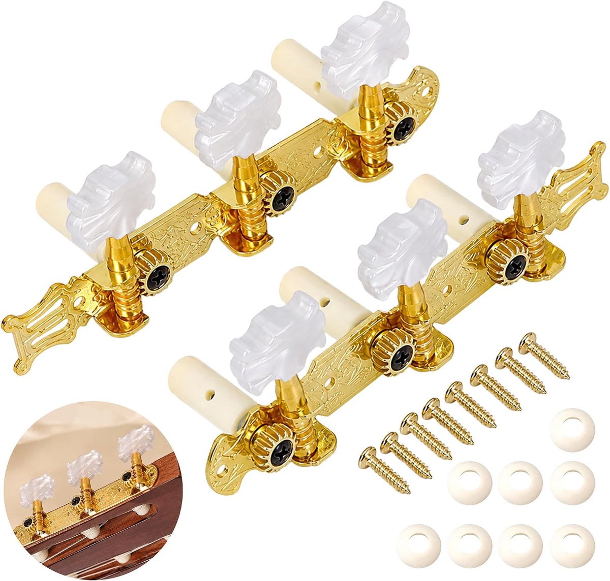 Stemmmechanica voor klassieke gitaar, 2 platen 3L + 3R met schroeven, Guitar Tuning Pegs van legering, mechanische klassieke en akoestische gitaar, stabiele stemming