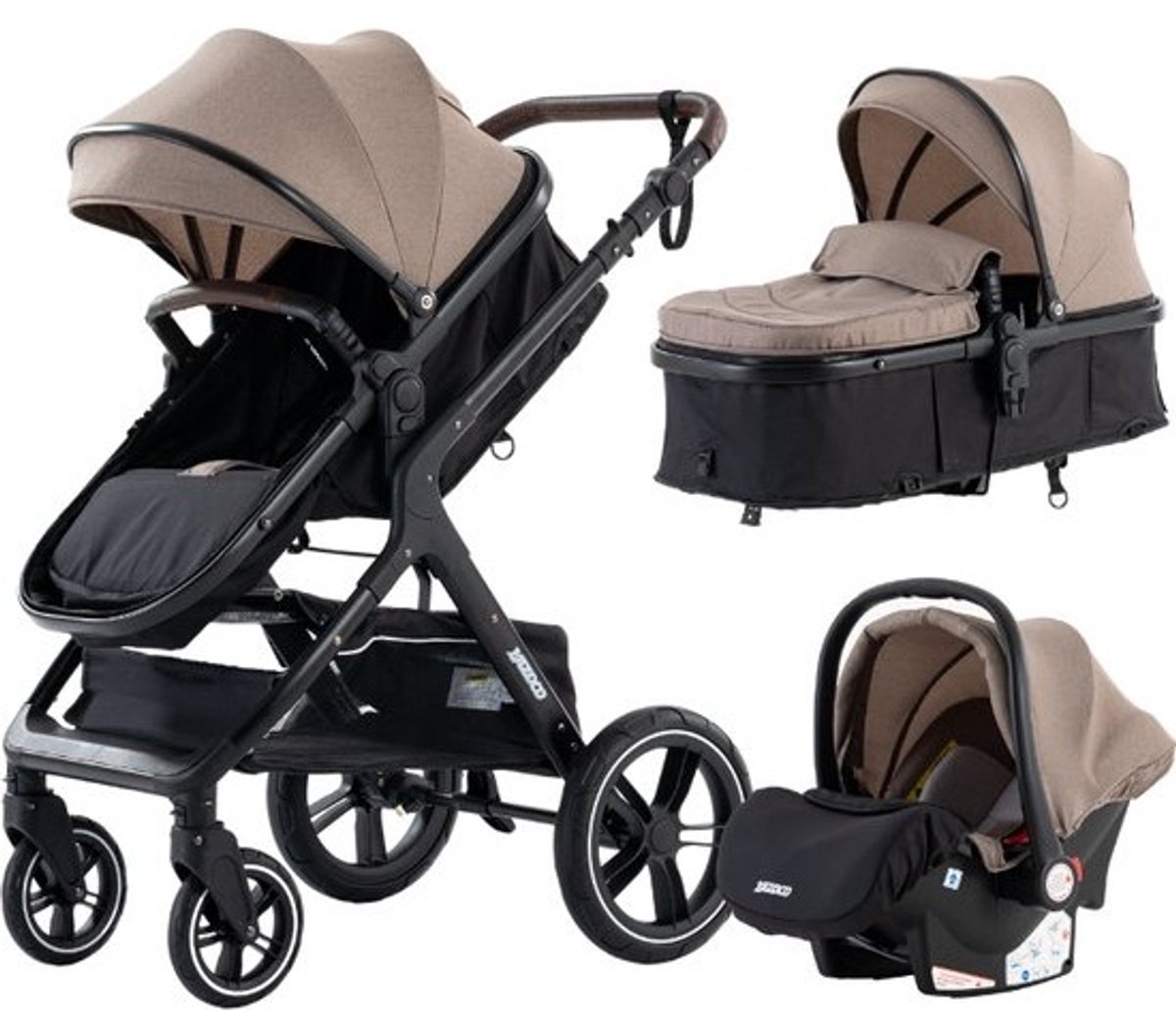 Luxe 3-in-1 Kinderwagen - Wandelwagen - Autostoeltje - Buggy - Inklapbaar - Khaki en zwart - 0-36 Maanden