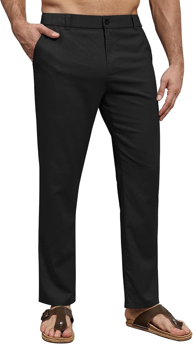 Linnen broek voor heren, casual, zomer, strandbroek, recht, ademend, kreukvrij, elastische tailleband met zakken