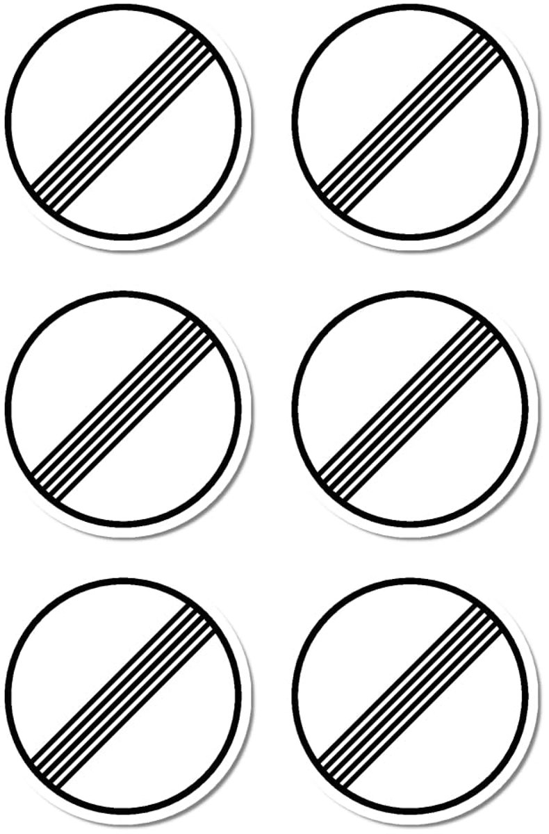 Diameter 50 mm, 6 stuks - einde van alle op afstand gerelateerde snelheidsbeperkingen en inhaalverboden - StVO teken Z-282