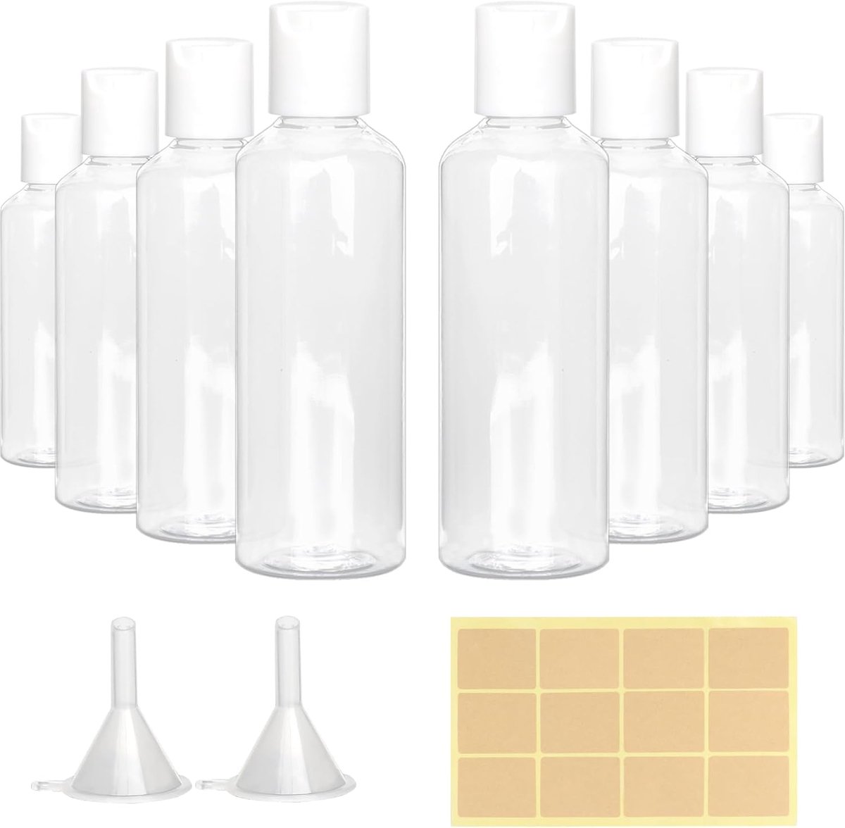 8Stks Kleine Herbruikbare Plastic Reisflessen Set, 100ml Lekvrije Lege Cosmetische Flesjes, TSA-Goedgekeurde Flessen met Schijfdop 2 Trechters 12 Etiketten voor Shampoo Lotion Vliegreizen