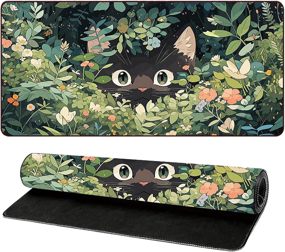 Gaming-muismat, XXL, bureauonderlegger, 800 x 300 mm, gaming-bureaumat met antislip rubberen basis, grote kat, paradijs, kantoor