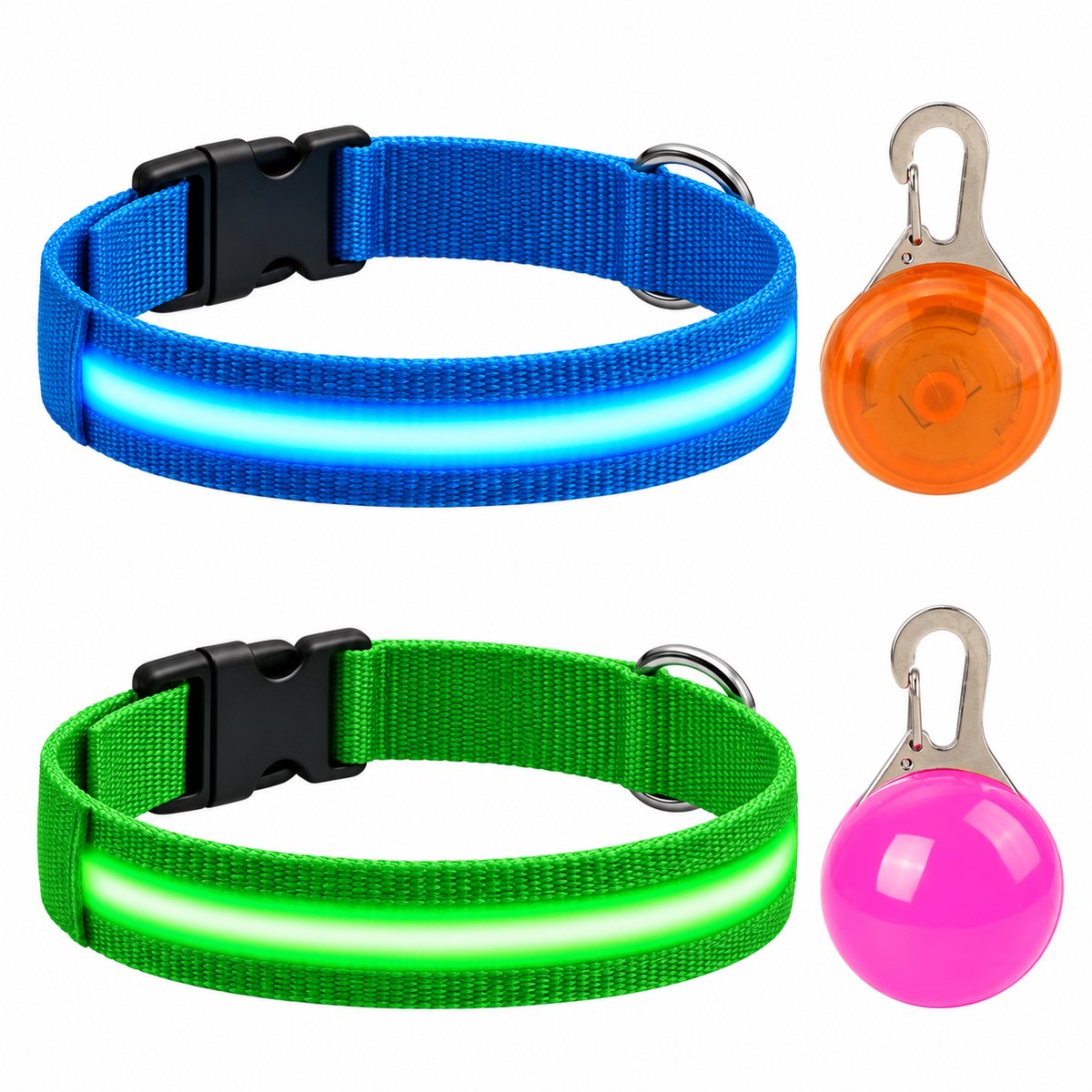 Professor Q LED Halsband Set Hond - Blauw/Groen XS (28–32 cm) - 2 Halsbanden + 2 Lampjes - Nylon USB Oplaadbaar