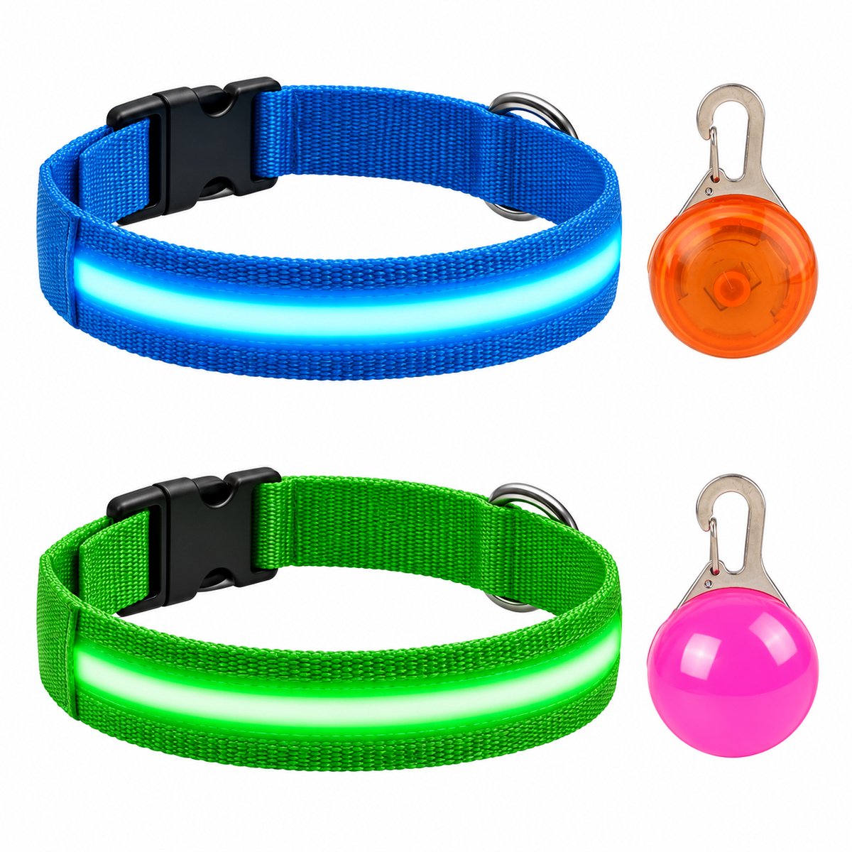 Professor Q LED Halsband Set Hond - Blauw/Groen M (37–46 cm) - 2 Halsbanden + 2 Lampjes - Nylon USB Oplaadbaar