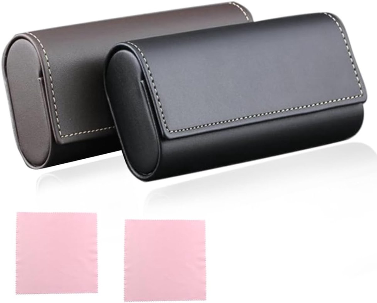 2 stuks brillenkoker, brillendoos van PU-leer, hard etui, brillenkoker, zonnebrillenetui, brillenkoker voor dames en heren, Zwart/Bruin, 1