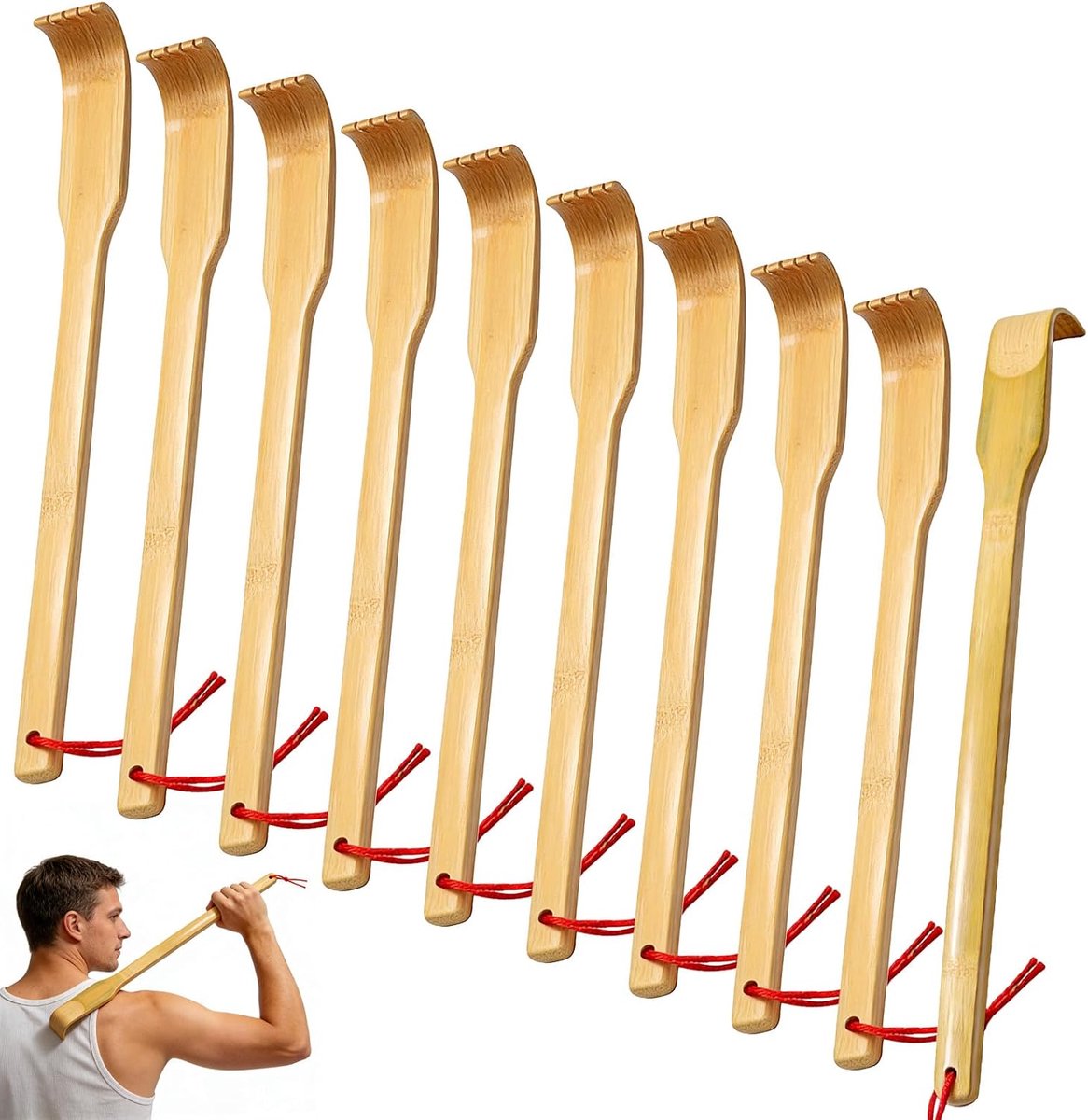 10 stuks houten rugkrabbers, lange handgrepen voor jeuk en lichaamsontspanning, rugmassageapparaat voor thuis, kantoor, cadeau-idee