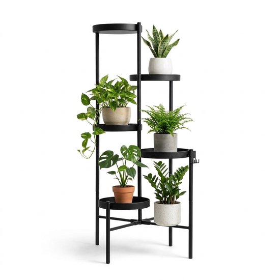 Plantenrek 5 Laags - Staande Bloemenstandaard - Matzwart Metaal - Industrieel Design - 92 cm - voor Binnen en Buiten
