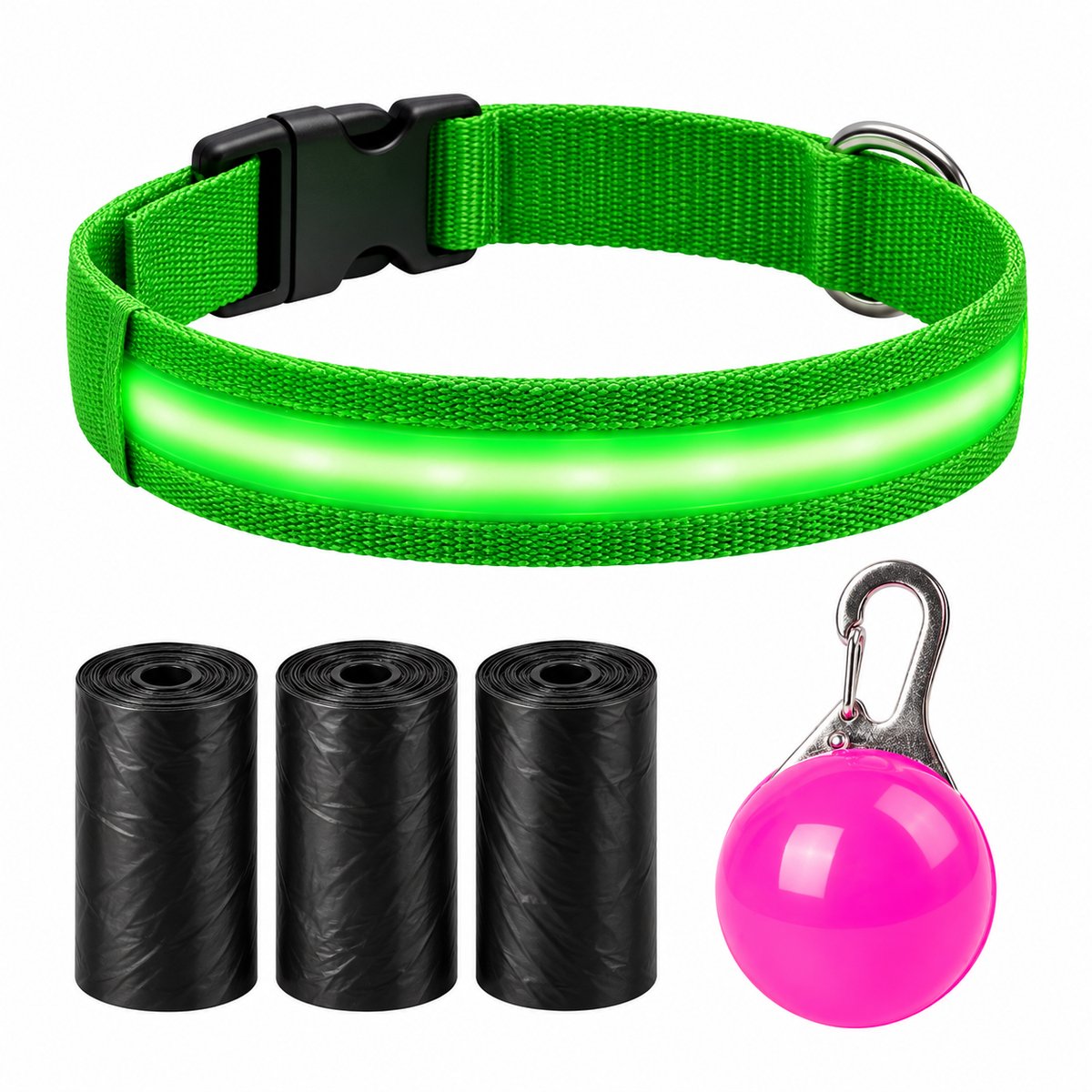 Professor Q LED Halsband Hond - Groen M (37–46 cm) - Roze LED Lampje + 45 Poepzakjes - Nylon USB Oplaadbaar