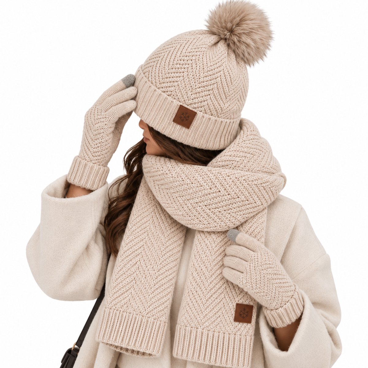 BRD® Winterset met Wol Beige - Muts met Pompon Sjaal Handschoenen - Unisex