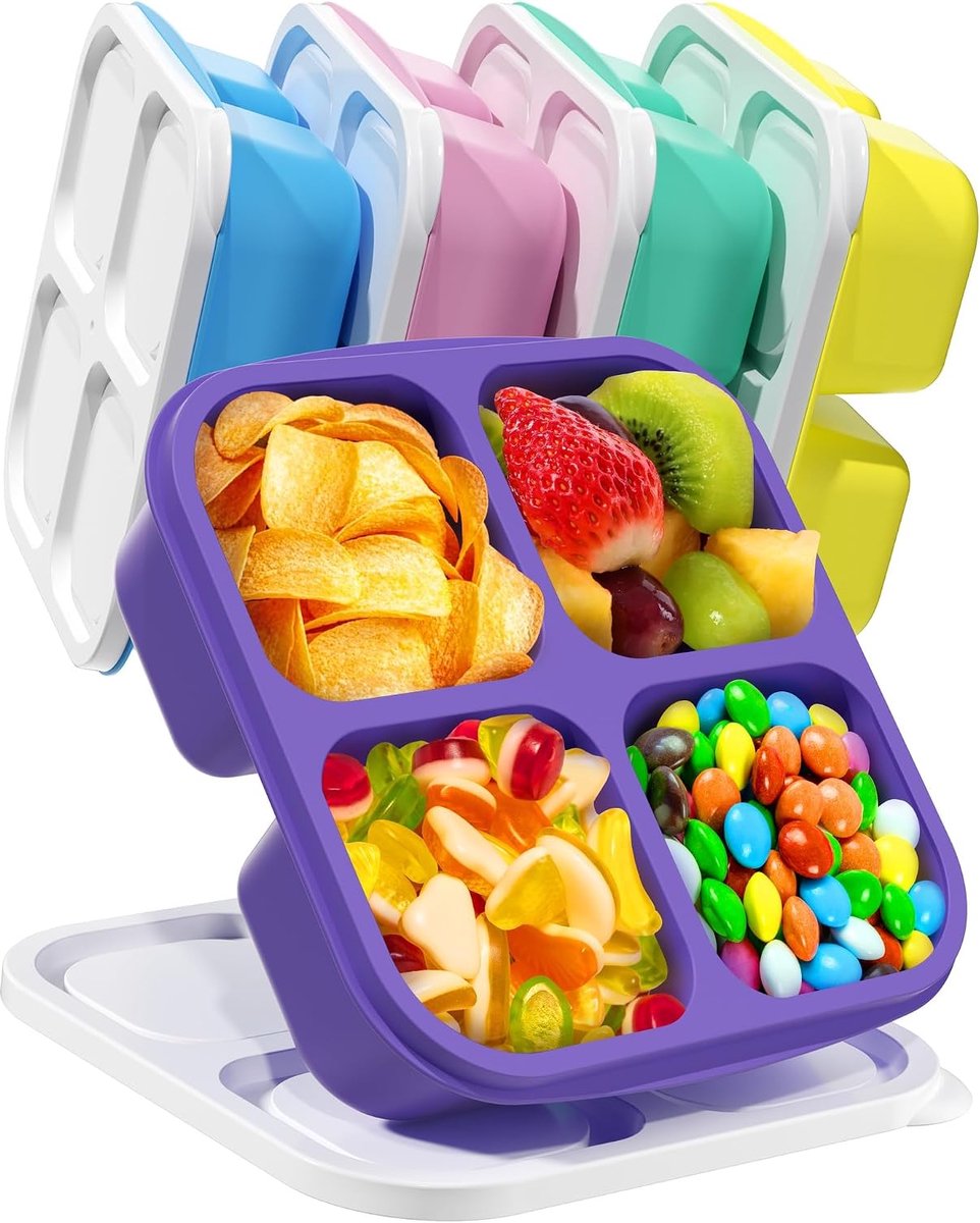 Snackbox met vakken, 5 stuks, 4 vakken, snackborden met deksel, magnetronbestendig, voor kruidenbewaarcontainers, snoep, veganistische desserts, bento snackbox voor school, werk en reizen (wit deksel)