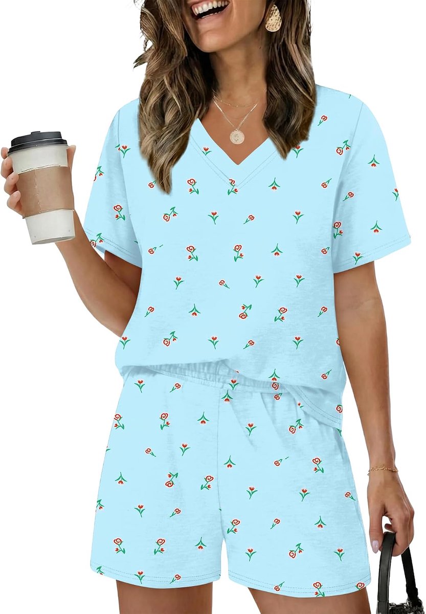 Pyjama voor dames korte mouwen pyjama leuke pyjama set V-hals loungewear sets voor vrouwen pyjama shorts tweedelige nachtkleding nachtkleding zachte kleding