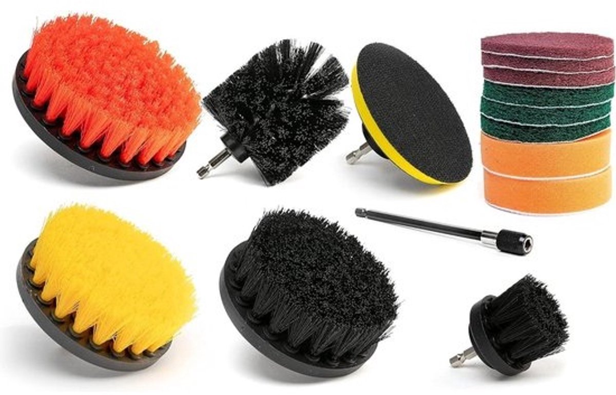 15 Piece Neiko Drill Attachment Set - Polishing, Sanding, Cleaning - Round Pad for Carpets - Power Scrub Brush for Toilets - Long Reach Extension - Multi-Colour