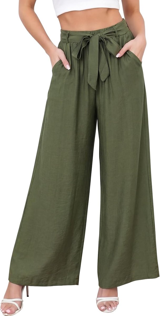 Vrouwen Broek Elastische Hoge Wasited Palazzo Broek met Zakken Dames Elegante Losse Lounge Zomer Casual