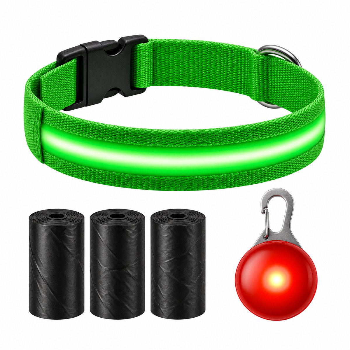 Professor Q LED Halsband Hond - Groen M (37–46 cm) - Rood LED Lampje + 45 Poepzakjes - Nylon USB Oplaadbaar