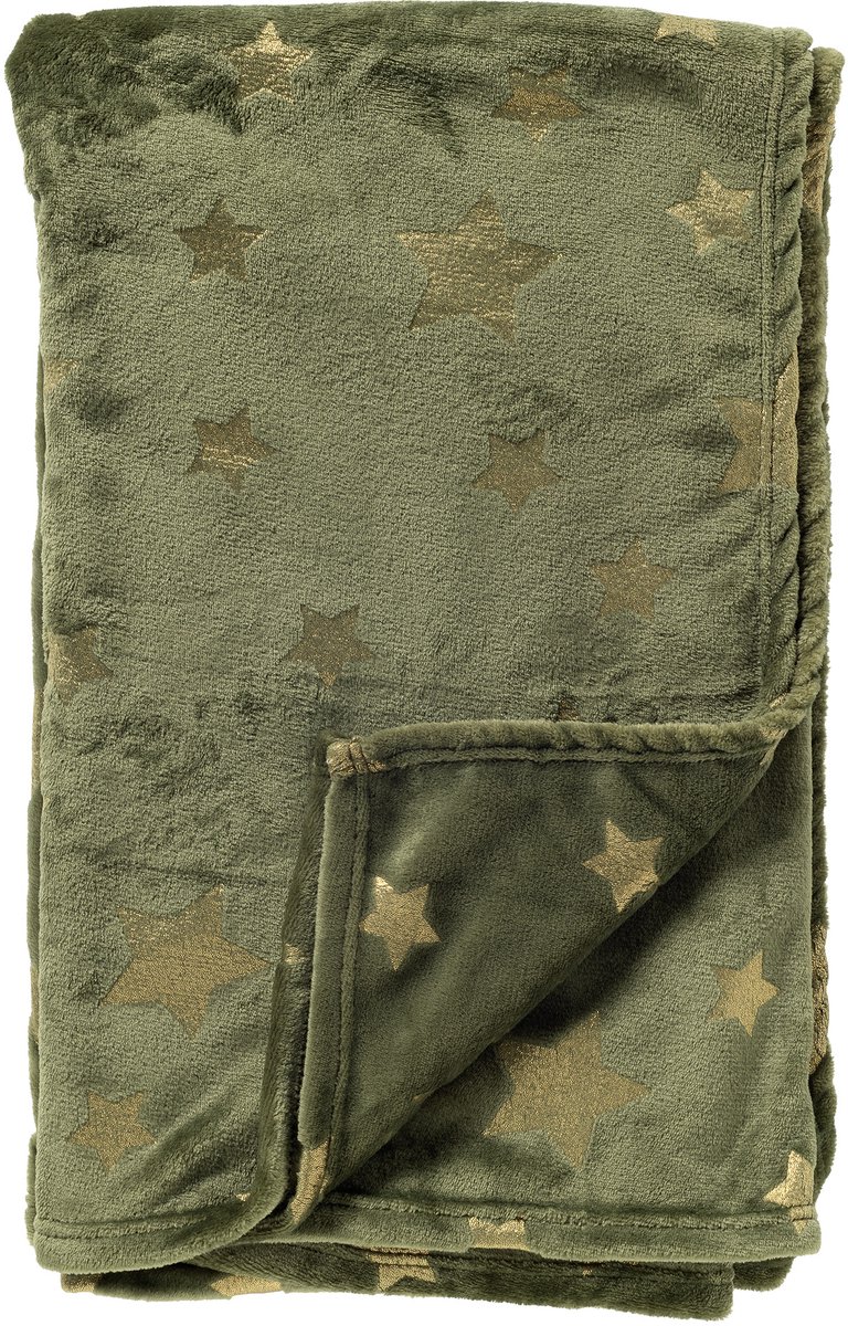 Textino STARRY-NIGHTS - plaid 150x200 cm - flannel fleece - sterrenprint - Bronze Green - groen, goud