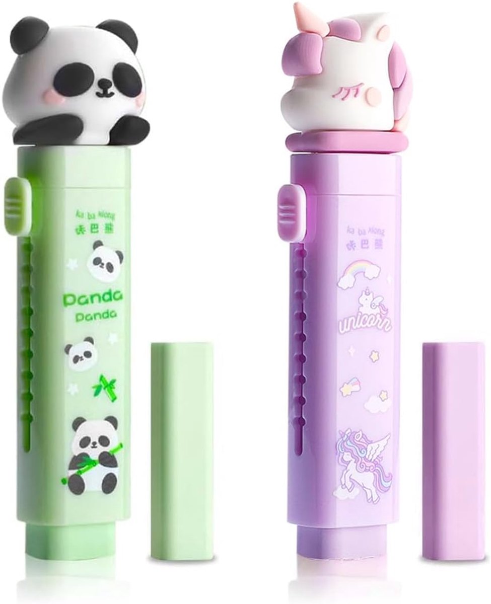 Set van 2 gummen in penstijl, 2 intrekbare gummetjes + 2 navulgummetjes, navulbare precisiegum voor potloden, tekenen, leren, kantoor (panda + eenhoorn)
